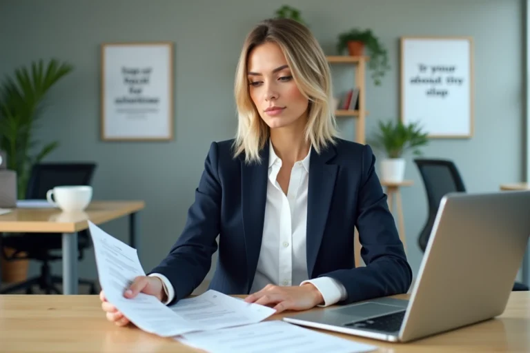 Femme professionnelle consultant des offres d'emploi en formation sur un ordinateur portable dans un bureau moderne