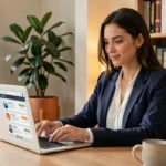 Femme professionnelle utilisant une plateforme d'emploi en ligne sur son ordinateur portable dans un bureau à domicile organisé