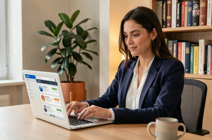 Femme professionnelle utilisant une plateforme d'emploi en ligne sur son ordinateur portable dans un bureau à domicile organisé