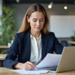 Femme professionnelle en reconversion consultant des documents de carrière sur un bureau moderne dans un espace de coworking