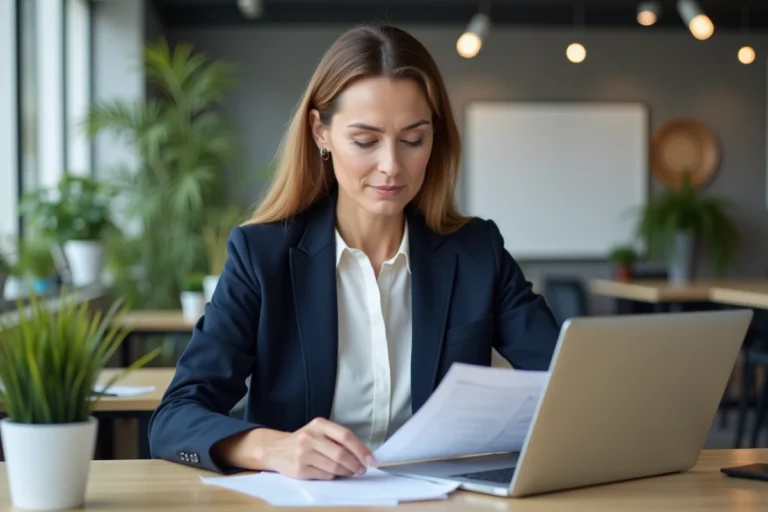 Femme professionnelle en reconversion consultant des documents de carrière sur un bureau moderne dans un espace de coworking