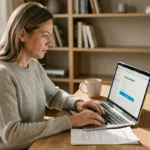 Femme accédant à son compte en ligne après un mot de passe oublié sur un ordinateur portable à son bureau