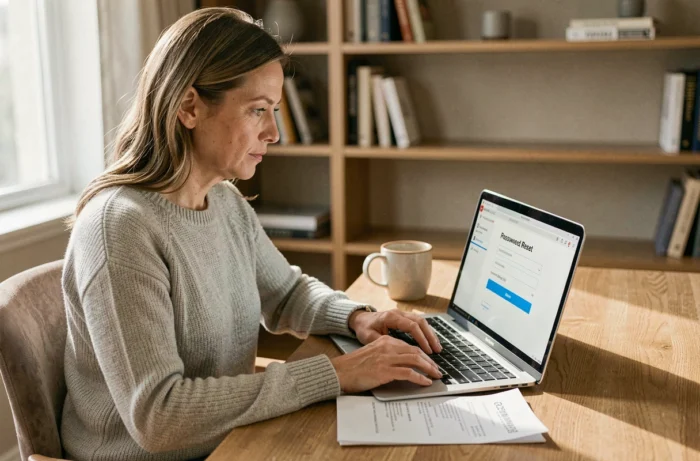 Femme accédant à son compte en ligne après un mot de passe oublié sur un ordinateur portable à son bureau