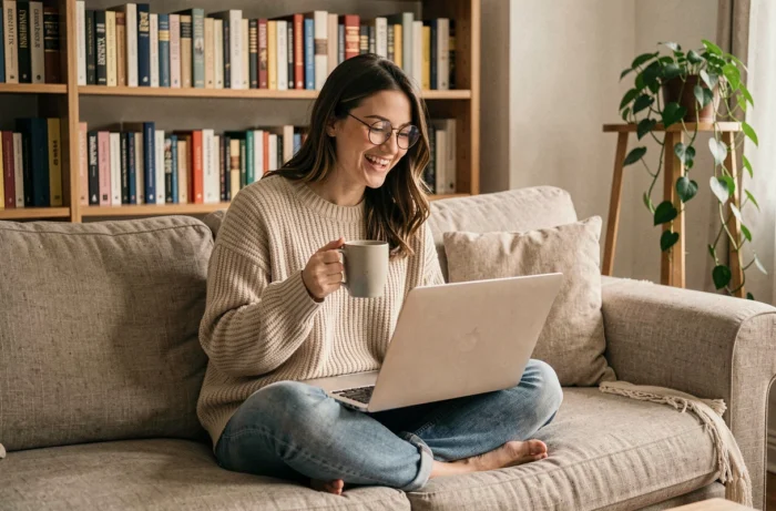 Jeune femme riant devant son ordinateur portable en découvrant le phénomène BTBF sur Discord