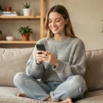 Jeune femme écoutant de la musique sur Spotify avec des écouteurs filaires sur son smartphone, assise dans un salon cosy au style scandinave