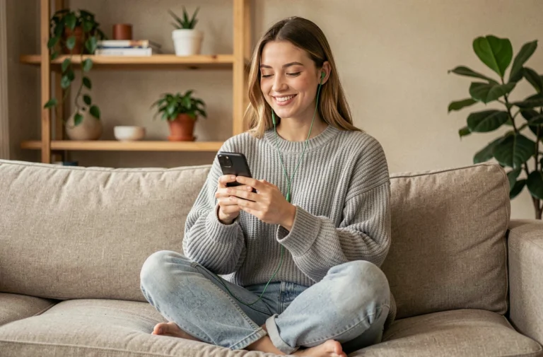Jeune femme écoutant de la musique sur Spotify avec des écouteurs filaires sur son smartphone, assise dans un salon cosy au style scandinave