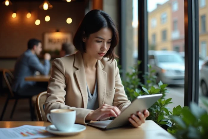Femme d'affaires consultant une application de stratégie d'investissement sur tablette dans un café urbain