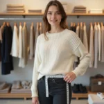 Femme portant un pull taille L dans une boutique de vêtements avec un mètre ruban autour de la taille