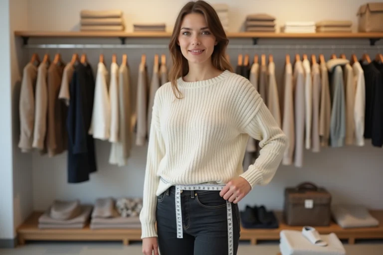 Femme portant un pull taille L dans une boutique de vêtements avec un mètre ruban autour de la taille