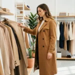 Femme élégante en manteau camel découvrant les tendances mode dans une boutique parisienne minimaliste