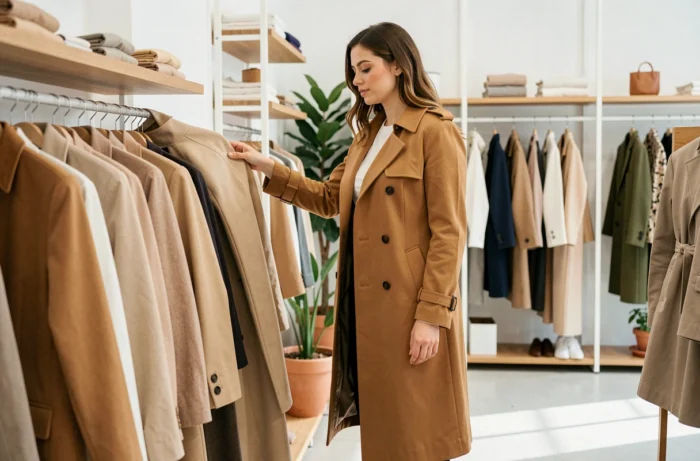 Femme élégante en manteau camel découvrant les tendances mode dans une boutique parisienne minimaliste