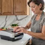 Femme utilisant un appareil FoodSaver pour mettre sous vide des aliments dans une cuisine moderne