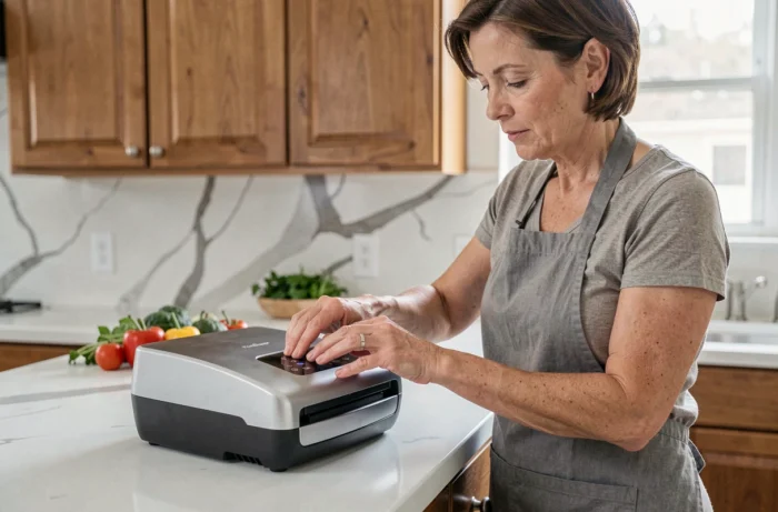 Femme utilisant un appareil FoodSaver pour mettre sous vide des aliments dans une cuisine moderne