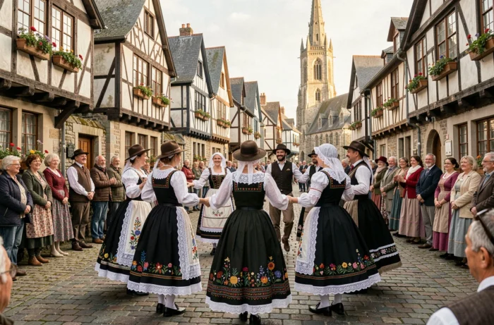 Danseurs en costumes traditionnels bretons lors d'un fest-noz sur la place médiévale de Quimper, avec la cathédrale en arrière-plan