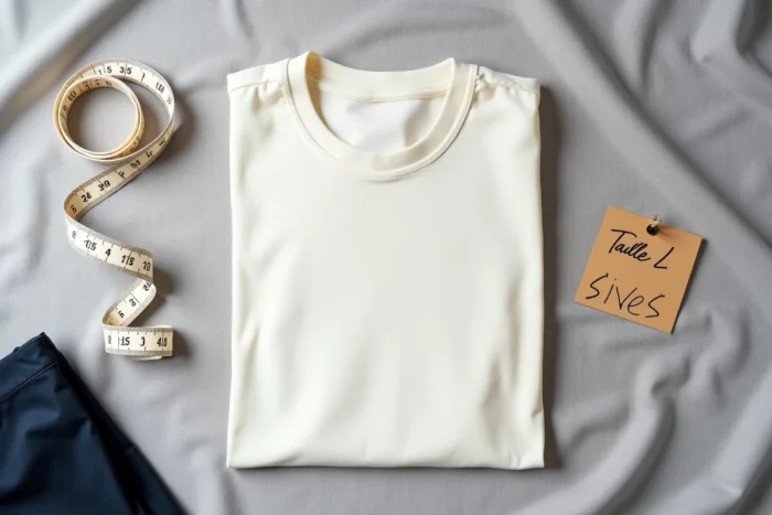 Flat lay d'un t-shirt taille L plié, d'un mètre ruban et d'une fiche de mesures corporelles sur fond gris lin