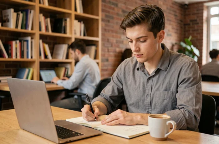 Jeune professionnel en formation autonome sur ordinateur portable dans un espace de coworking, prenant des notes pour développer ses compétences