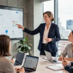 Formatrice professionnelle animant une session de formation en entreprise devant un groupe de collaborateurs attentifs dans une salle moderne