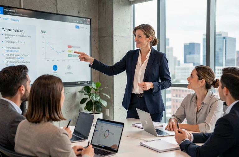 Formatrice professionnelle animant une session de formation en entreprise devant un groupe de collaborateurs attentifs dans une salle moderne