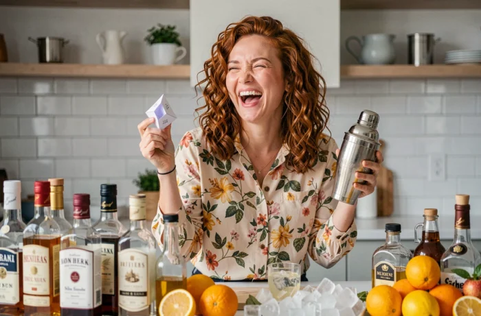 Femme tenant une cocotte en papier et un shaker à cocktail lors d'un gage de cocktail improvisé entre amis