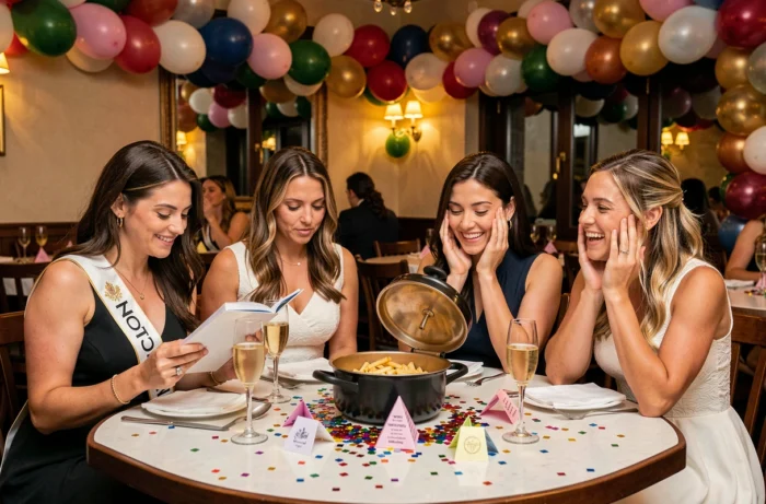 Groupe de femmes lors d'un EVJF riant d'une confidence lue dans une cocotte en papier, future mariée portant son écharpe
