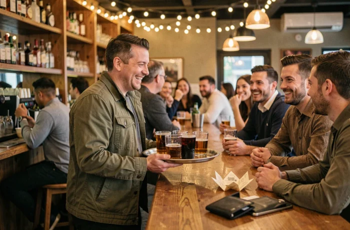 Homme souriant offrant une tournée de boissons à ses amis au bar, cocotte en papier et portefeuille vide posés sur le comptoir
