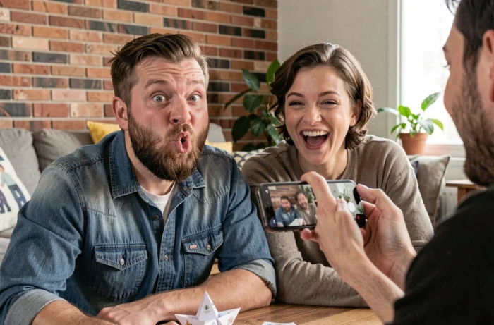 Homme faisant une grimace absurde pour un gage photo pendant qu'un ami le photographie, cocotte en papier visible sur la table