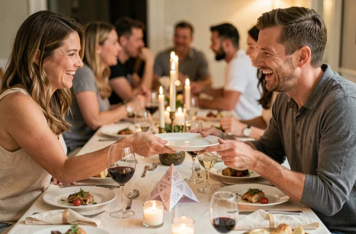 Deux convives s'échangeant leurs assiettes en riant lors d'un gage de table issu d'une cocotte en papier au dîner