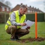 Géomètre plantant un piquet de bornage sur un terrain à diviser en zone péri-urbaine