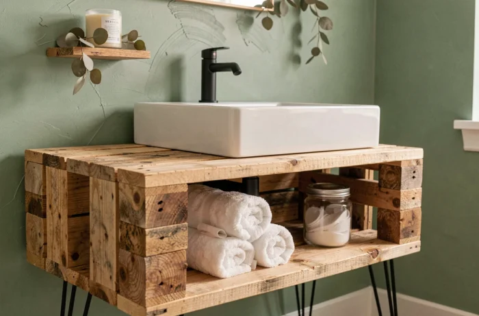 Gros plan sur un meuble vasque DIY en palettes avec robinet noir mat, serviettes roulées et rangements ouverts