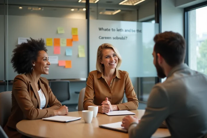 Groupe de professionnels en reconversion participant à un atelier de coaching de carrière autour d'une table de réunion moderne