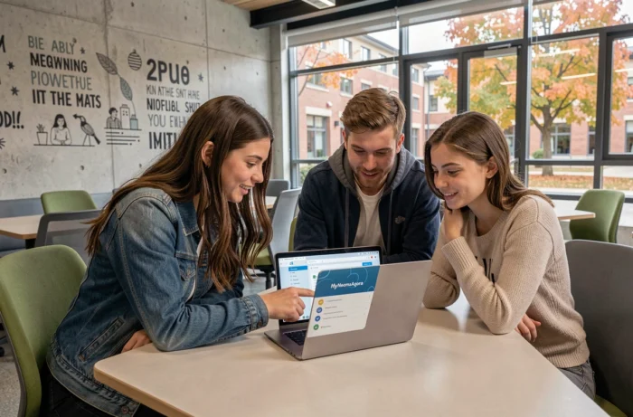 Groupe d'étudiants de NEOMA consultant ensemble la plateforme MyNeomaAgora sur un campus moderne