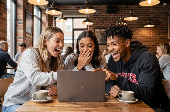 Groupe de jeunes adultes dans un café réagissant ensemble à un contenu viral Discord BTBF