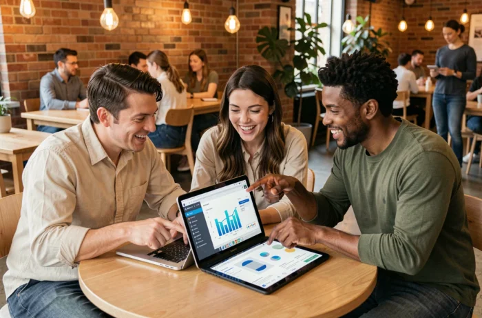 Groupe de professionnels discutant des tendances technologiques autour d'un ordinateur portable dans un espace de coworking