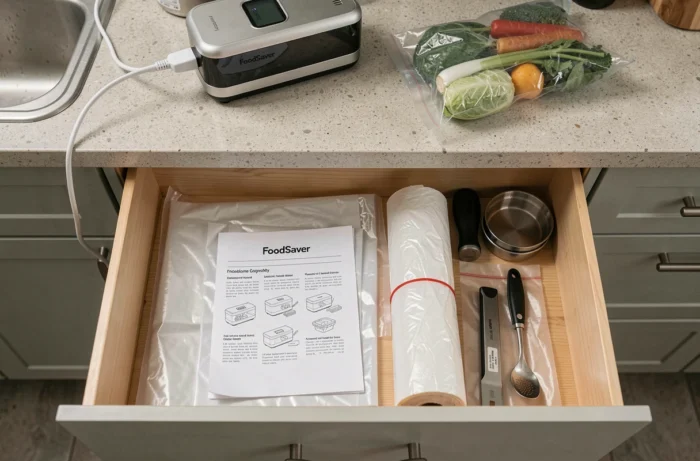 Guide d'utilisation du FoodSaver rangé dans un tiroir de cuisine avec des accessoires de mise sous vide