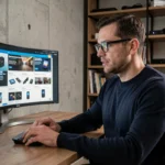 Homme consultant les dernières actualités high-tech sur un écran incurvé dans un bureau moderne