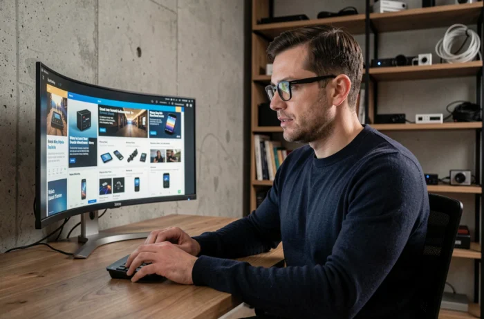 Homme consultant les dernières actualités high-tech sur un écran incurvé dans un bureau moderne