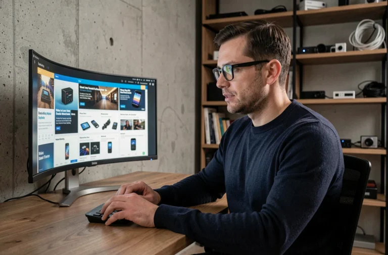 Homme consultant les dernières actualités high-tech sur un écran incurvé dans un bureau moderne