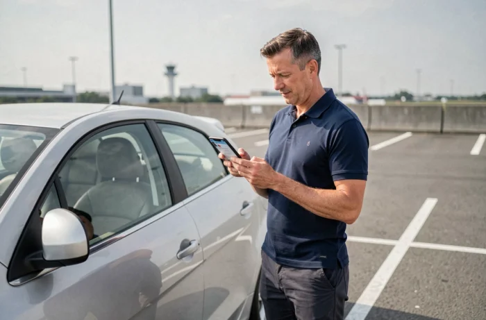 Homme consultant une application de réservation de parking sur smartphone au parking P5 de l'aéroport de Toulouse