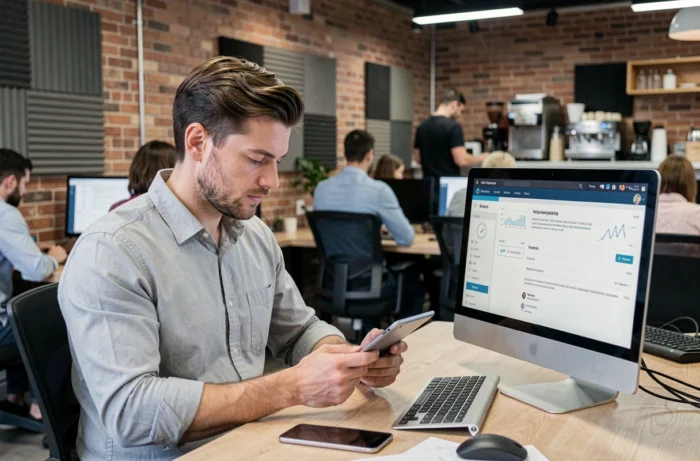Jeune homme consultant une plateforme spécialisée de recherche d'emploi dans un espace de coworking moderne