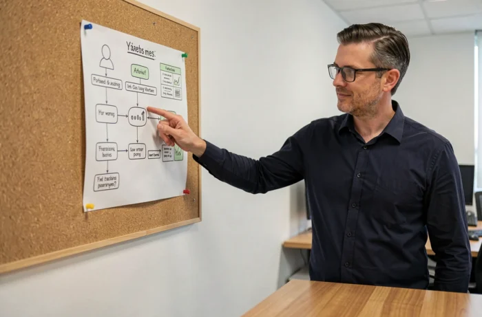 Homme avec lunettes expliquant un organigramme détaillé sur un tableau de liège dans une salle de réunion professionnelle
