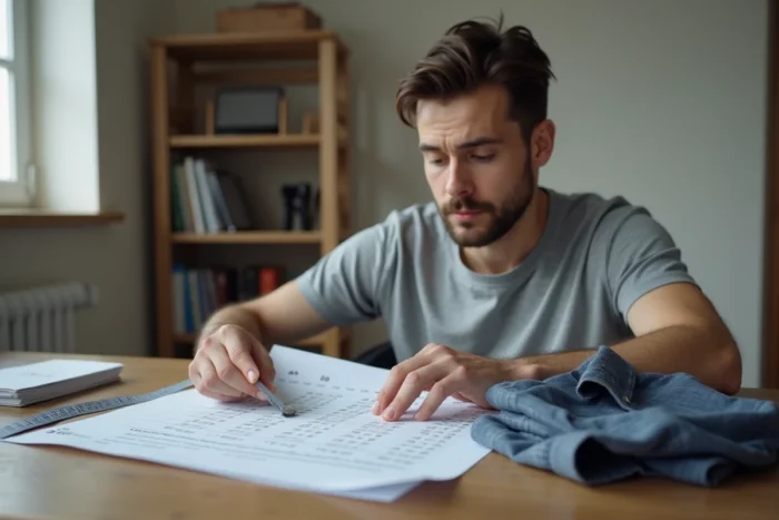Homme consultant un guide des tailles de vêtements avec un mètre ruban et une chemise taille L sur une table en bois