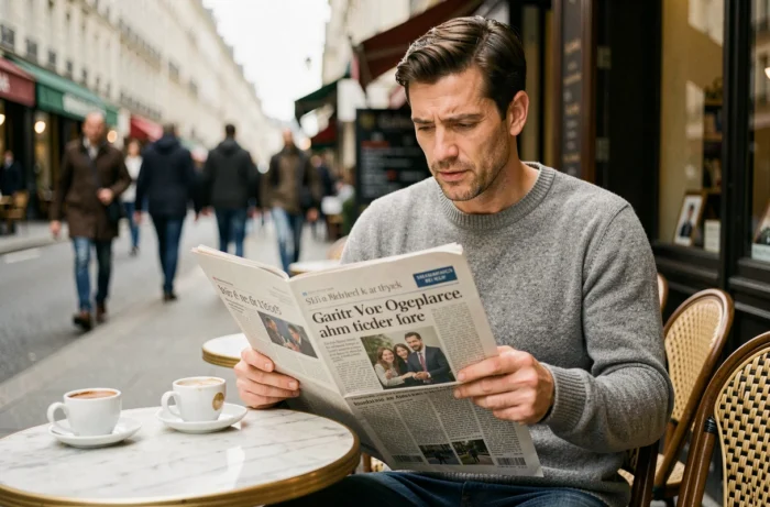Homme lisant le journal en terrasse de café parisien pour suivre l'actualité nationale et internationale