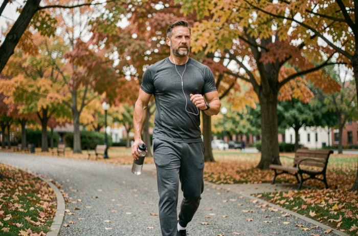 Homme marchant dans un parc en automne pour prendre soin de sa santé au quotidien