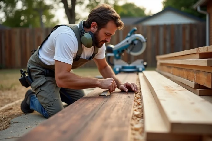 Homme mesurant une planche en noyer avec un mètre ruban sur un chantier de bricolage extérieur