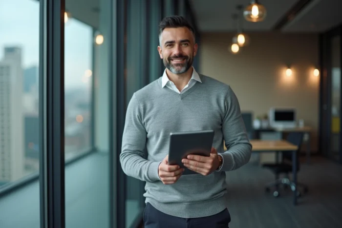 Homme en reconversion professionnelle tenant une tablette avec une plateforme de développement de carrière devant une fenêtre de bureau urbain