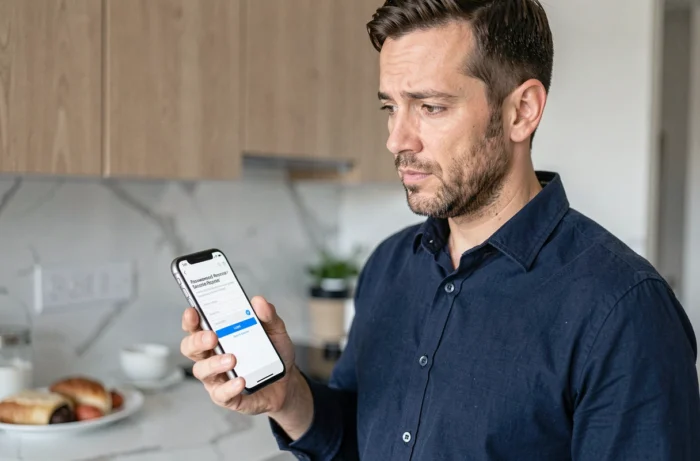 Homme consultant son smartphone pour récupérer l'accès à son compte en ligne avec un mot de passe oublié