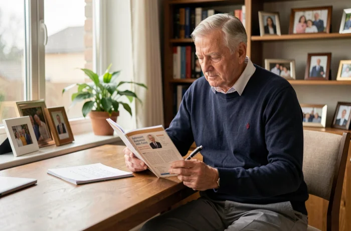 Homme senior lisant attentivement un guide sur les démarches de retraite à son bureau