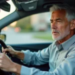 Homme senior réfléchi au volant d'une voiture, illustrant la reprise de la conduite après un AVC