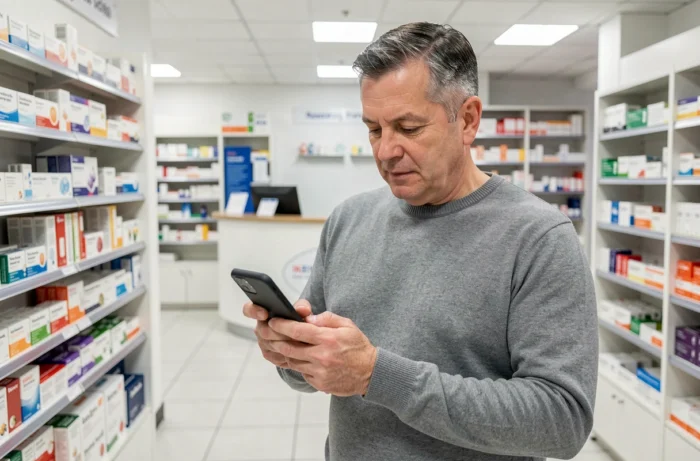 Homme recherchant des informations sur Med TV Santé avec son smartphone dans une pharmacie