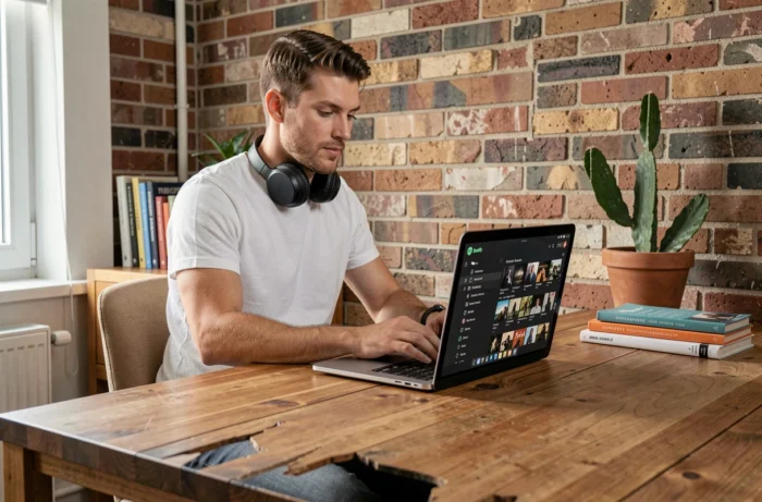 Homme travaillant sur un ordinateur portable avec l'interface Spotify ouverte dans un bureau à domicile moderne et épuré